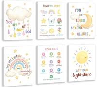 HPNIUB Framed Kids Bible Verse Canvas Wall Art,Set of 6 (8”x10")Inspirational Quotes Christian Nursery Wall Decor,Christian Gifts For Kids,Rainbow Sunshine Scripture Wall Art For Bedroom Sunday School