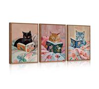 HPNIUB Framed Vintage Black Cats Canvas Wall Art, Funny Animal Reading Books Poster Printing Pictures, Pink Cute Cat Lovers Wall Decor for Girls Room Bedroom Kids Room Living Room Classroom 30x40cm