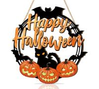 HPNIUB Halloween Door Decorations, Halloween Wreath Scary Pumpkin Black Cat Bat Front Door Hanger Wooden Hanging Sign Wall Decor for Room Party Indoor Home Decor 29x29cm