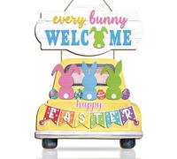 HPNIUB Happy Easter Rabbit Welcome Front Door Sign Hanging, Lovely Bunny Egg Decorative Wall Plaque, Colorful Spring Religious Home Decoration for Front Door Yard Easter Gift