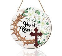 HPNIUB He Is Risen Easter Decorations Wooden Front Door Sign Hanging,Religious Wood Sign Decor,3D Cross Spring Flower jesus Easter Home Wall Art for Front Door Yard Gift