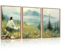 HPNIUB Jesus Canvas Wall Art Set, Jesus Leaves the 99 Sheep Bible Stories Wall Decor, Modern Christian Wildflowers Painting Wall Decor for Bedroom Prayer Room Church Home Decoration 30x40cm
