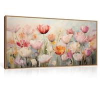 HPNIUB Large Hand-Painted Nature Wildflowers Framed Wall Art Pink Floral Canvas Oil Painting Modern Aesthetic Wall Decor Abstract Flower Artwork for Living Room Bedroom Decor -20"x40"