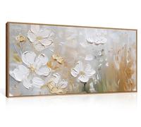 HPNIUB Large Hand-Painted White Flower Framed Wall Art Modern White and Gold Floral Canvas Oil Painting Nature Botanical Wall Decor Abstract Aesthetic Artwork for Living Room Bedroom Decor -20"x40"