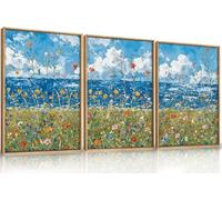 HPNIUB Large Modern Coastal Wildflower Framed Canvas Wall Art,Vintage Seaside Wall Decor,Abstract Flower Blue Wall Print,Nature Colorful Landscape Artwork for Living Room,Bedroom,Dining Room 30X40CM