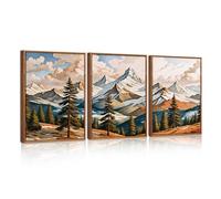 HPNIUB Large Woodcut Style Mountains Framed Canvas Wall Art,Vintage Pine Trees Wall Decor,Boho Natural Snow Ridge Artwork,Modern Woodland Landscape Art Print for Living Room,Bedroom,Office 30x40cm