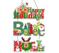 HPNIUB Merry Christmas Indoor Outdoor Decorations,Hanging Christmas Elk Sign,Xmas Door Decor,Xmas Winter Farmhouse Hanging Plaque for Porch Front Outdoor Home Decor (3Pcs happy holidays)