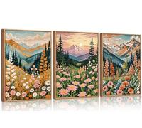 HPNIUB Mountain Sunset Floral Framed Canvas Wall Art Set,Colorful Wildflower Daisy Flower Wall Decor,Boho Blossom Botanical Artwork Modern Nature Landscape Art Print for Living Room,Bedroom 30X40CM