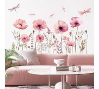 HPNIUB Pink Blossom Flower Wall Stickers for Bedroom,Pink Floral Wall Decals for Living Room,Dragonfly Plants Leaf Wall Art Stickers for Kids Nursery Decoration