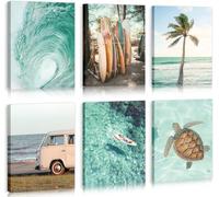 HPNIUB Set of 6 Tropical Beach Canvas Wall Art Surfboard Turtle Van Decor