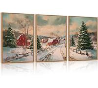 HPNIUB Vintage Christmas Framed Canvas Wall Art Set, Rustic Winter Village Landscape Wall Decor, Farmhouse Snowy Christmas Town Moody Print Painting for Living Room Bedroom Decor 30x40cm
