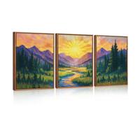 HPNIUB Vintage Mountain Framed Canvas Wall Art Set, Boho Sunrise Art Prints, Forest Nature Wilderness Art Paintings, Modern Farmhouse Pine Tree Wall Decor for Living Room Bedroom, Office 30x40cm