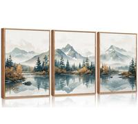 HPNIUB White Foggy Forest Mountain Wall Art Framed,Large Misty Watercolor Pine Tree Wall Decor, Nature Lake Landscape Canvas Painting for Living Room, Bedroom, Office 30X40CM