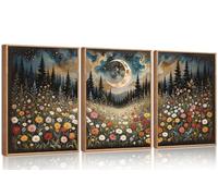 HPNIUB Wildflower Moon Pine Tree Framed Canvas Wall Art Set,Nature Forest Wall Decor,Mystical Starry Night Artwork Rustic Mountain Landscape Art Print for Living Room,Bedroom,Office 30x40cm