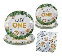 hpnparty Wild One Jungle Safari Party Tableware Set for 25 Guests, 75 Pieces - Paper Plates, Napkins - Jungle/Safari Theme - Baby Shower Occasion