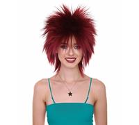 HPO 80's Rock Star Disco Women's Wig - Breathable - Straight Texture Spiky Style 80s Wigs for Halloween, Cosplay, and Parties, Burgundy