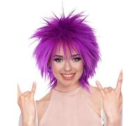 HPO 80's Rock Star Disco Women's Wig - Breathable - Straight Texture Spiky Style 80s Wigs for Halloween, Cosplay, and Parties, Neon Purple