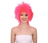 HPO 80's Rock Star Disco Women's Wig - Breathable - Straight Texture Spiky Style 80s Wigs for Halloween, Cosplay, and Parties, Neon Pink