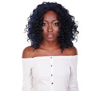 HPO Ada Curly 17.5 Inch Long 13x2.5 Hand-Tied Lace Front Wig, Heat Resistant Fiber, 20+ Shades of Natural, Dip Dyed, & Blended Colors (#Blue Black - Blue and Black Blend)