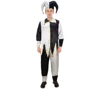 HPO Adult Men's Evil Jester Costume, Black and White, Flame-retardant Synthetic Fabric-XL