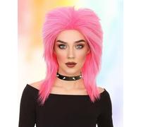 HPO Adult Pink Tinsel Mullet Wig 80's Punk Metal Rocker Style - Flame-Retardant Wig