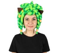 HPO Adult Women Green Superhero Cosplay Wig | Braided Ponytail Style for Comic Events and Halloween | Flame Retardant Synthetic Hair Fiber
