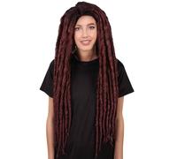 HPO Adult Women Long Dreadlock Wig, Burgundy Dark Roots Halloween Cosplay, Breathable Capless, Flame-Retardant Wig