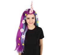 HPO Adult Women Long Purple Fairytale Unicorn Wig | Cosplay Fantasy Style with Horn Detail | Flame Retardant Synthetic Hair for Events