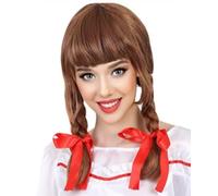HPO Adult Women's Animated Movie Doll Wig in Brown | 18 Inch in Braided Pigtails with Red Ribbons Movie Icon Wig | Flame-retardant Hair for Halloween Party