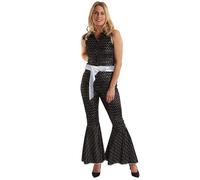 HPO Adult Women's Black Disco Jumpsuit Costume - Sparkling 70s-Inspired Outfit with Flared Dress and Belt |Spooky Season Fun dresses for Retro Disco Events, Cosplay & Theme Parties - XL