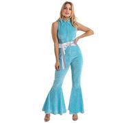 HPO Adult Women's Blue Disco Jumpsuit Costume - Sparkling 70s-Inspired Outfit with Flared Dress and Belt |Spooky Season Fun dresses for Retro Disco Events, Cosplay & Theme Parties - Medium