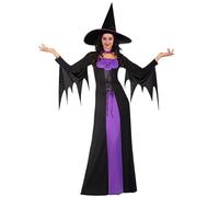 HPO Adult Women's Classic Witch Black and Purple Costume - Layered Dress with Pointed Hat and Belt | Spooky Witch Outfit for Halloween Masquerade, Fantasy Dress-Up & Costume Gatherings - Medium