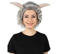 HPO Adult Women's Dramatic Devil Short Curly Wig with Horn | Synthetic Fiber Halloween Party Wigs for Themed Play - Dark Grey