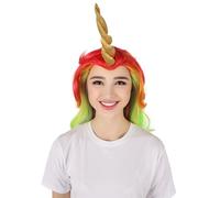 HPO Adult Women's Fairytale Rainbow Unicorn Wig - Long Colorful Wigs with Horn for Cosplay, Halloween Costume, Synthetic Fiber Hair