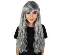 HPO Adult Women's Long Curly Wig with Bangs - Natural Look Synthetic Hairpiece for Cosplay, Halloween, Parties - Grey