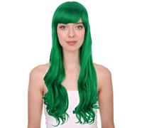 HPO Adult Women's Long Wavy Desire Wig with Front Bangs | Synthetic Fiber Wigs for Halloween and Cosplay Party Outfit - Green