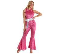 HPO Adult Women's Pink Disco Jumpsuit Costume - Sparkling 70s-Inspired Outfit with Flared Dress and Belt |Spooky Season Fun dresses for Retro Disco Events, Cosplay & Theme Parties - Large