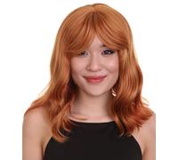 HPO Adult Women's Shoulder Length Wavy Wigs, Halloween Wig for Women, Adjustable Fashion Wig with Face Framing Bang, Flame-retardant Hair - Auburn