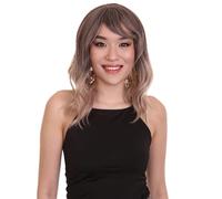 HPO Adult Women's Shoulder Length Wavy Wigs, Halloween Wig for Women, Adjustable Fashion Wig with Face Framing Bang, Flame-retardant Hair - Brown