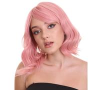 HPO Adult Women's Shoulder Length Wavy Wigs, Halloween Wig for Women, Adjustable Fashion Wig with Face Framing Bang, Flame-retardant Hair - Light Pink