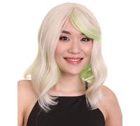 HPO Adult Women's Shoulder Length Wavy Wigs, Halloween Wig for Women, Adjustable Fashion Wig with Face Framing Bang, Flame-retardant Hair - Blonde Lime