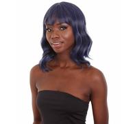 HPO Adult Women's Shoulder Length Wavy Wigs, Halloween Wig for Women, Adjustable Fashion Wig with Face Framing Bang, Flame-retardant Hair - Dark Navy