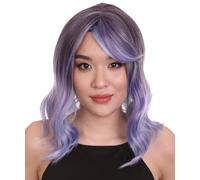 HPO Adult Women's Shoulder Length Wavy Wigs, Halloween Wig for Women, Adjustable Fashion Wig with Face Framing Bang, Flame-retardant Hair - Periwinkle