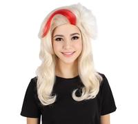 HPO Adult Women's White Wig with Red Streak | American Drag Queen Cosplay Hair for Halloween | Flame-Resistant Synthetic Fiber