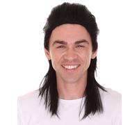 HPO Black 80s Mullet Wig for Men - Long Celebrity Style Halloween Costume - Breathable Synthetic Capless Wigs for Fancy Dress