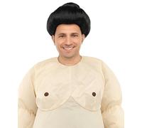 HPO Chinese Ancient Short Wig for Men | Black Traditional Hairpiece with Top Bun | Historical Warrior Cosplay & Costume Accessory