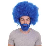 HPO Classic 80's Painter Afro Wig and Beard Set for Adults, Effortless Celebrity Look, Quality Halloween Wig-Blue