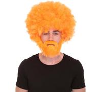 HPO Classic 80's Painter Afro Wig and Beard Set for Adults, Effortless Celebrity Look, Quality Halloween Wig-Orange
