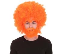 HPO Classic 80's Painter Afro Wig and Beard Set for Adults, Effortless Celebrity Look, Quality Halloween Wig-Neon Orange