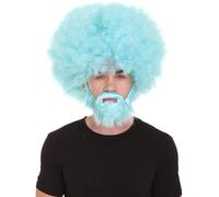 HPO Classic 80's Painter Afro Wig and Beard Set for Adults, Effortless Celebrity Look, Quality Halloween Wig-Lt Blue